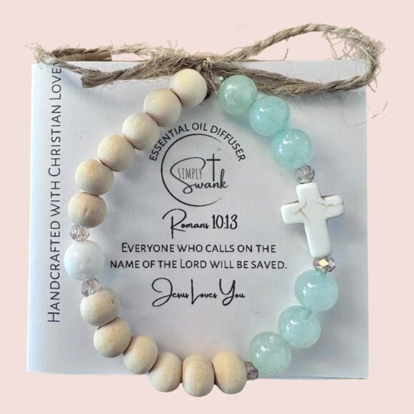 Simply Swank Bracelet - stretchy 7” - Raw Wood, Mint Jade & White Shell - Picture 4 of 4